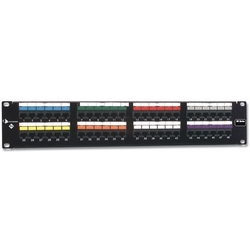 48 port, RJ45 patch panel with 110 terminations, T568A/B wiring Cat 5E HD5 series colour black 2-U rack mount space