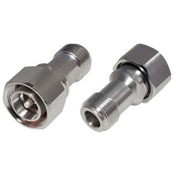 Coaxial Adapter, Low PIM, 4.3-10 Male to N Female, Straight, 5500 MHz Frequency, Whiter Bronze Body Plating, Silver Contact Plating, PTFE Dielectric