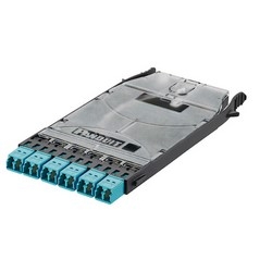 HD Flex LC Splice Cassette Preloaded With 12 OM4 LC Pigtails (900um) And Optimized IL, 6-Port Duplex LC Adapters In Aqua Color With Zirconia Sleeves