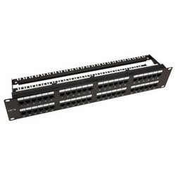 Patch Panel, Loaded, Cat 5E, 48-Port, 2U, T568A/B Wiring, 19&quot; Width x 3.5&quot; Height, High Impact Plastic Housing