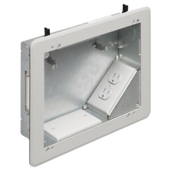 8 x 10 Steel TV BOX. Includes line voltage box, duplex receptacle. 1-1/2&quot; knockout, cable entry device, wire management brackets. For new and old construction.