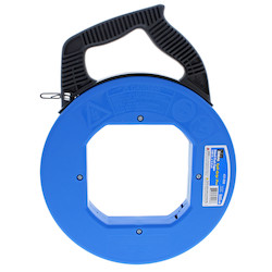 Fish Tape, Blued-Steel, Tuff-Grip Pro, Length: 100 FT, Width: 1/4 IN, Thickness: 060 IN, Tensile Strength: 1600 LB, Tape End: Formed Hook, Material: Highest Grade Carbon Steel, Case Diameter: 12 IN, Replacement Tape: 31-050