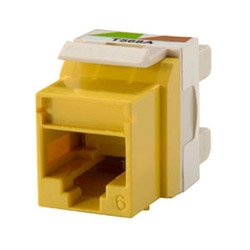Category 6 Keystone jack, 8-position, 180 degree exit, icon compatible, T568A/B wiring, Yellow. Package of 25.