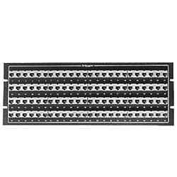 Patch Panel, Female, Black Texture, White Silkscreen, 482.6 MM W x 3.175 MM D x 44.45 MM H, 24-Port, 50 Pin Connector, 8 Position Jack, Pins 4 and 5, 1RU