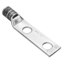 Copper Compression Lug, 2 Hole with Inspection Window, 2 AWG, 1/4&quot; Stud, 5/8&quot; Stud Hole Spacing, Short Barrel, Tin Plated