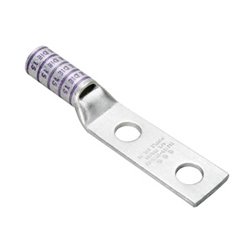 Copper Compression Lug, 2 Hole with Inspection Window, 6 AWG, 1/4&quot; Stud, 5/8&quot; Stud Hole Spacing, Long Barrel, Tin Plated