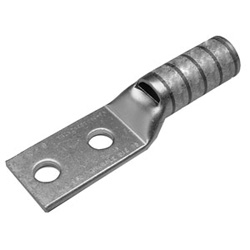 Copper Compression Lug, 2 Hole with Inspection Window, 6 Flex, 1/4&quot; Stud, 5/8&quot; Stud Hole Spacing, Long Barrel, Tin Plated