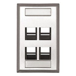 Angled QuickPort Wallplate, Single Gang, 4-Port, Stainless Steel, With Designation Window