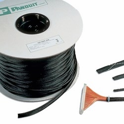 Braided Expandable Sleeving, 1.25&quot; diameter (31.8mm), provides continuous abrasion resistance for wires, cables and tubing. The highly flexible open weave will not trap heat or humidity, black, Polyethylene Terephthalate, 50 ft. per reel.